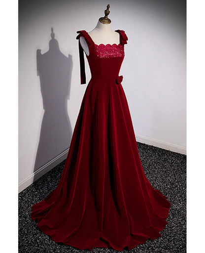 Unique/beautiful wine red suede square neckline sleeveless rhinestone ball dress wine red A-line/princess backless and floor length evening dress