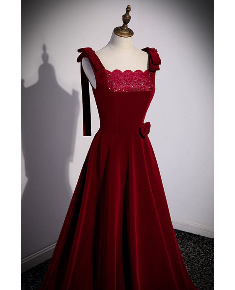 Unique/beautiful wine red suede square neckline sleeveless rhinestone ball dress wine red A-line/princess backless and floor length evening dress