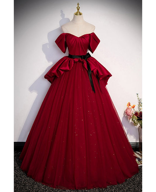 Beautiful wine red strapless and sleeveless ball dress, wine red strapless bow belt and floor length evening dress