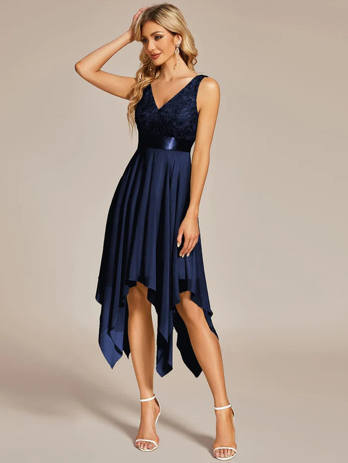 Stunning V Neck Lace Dress with Asymmetrical Hems