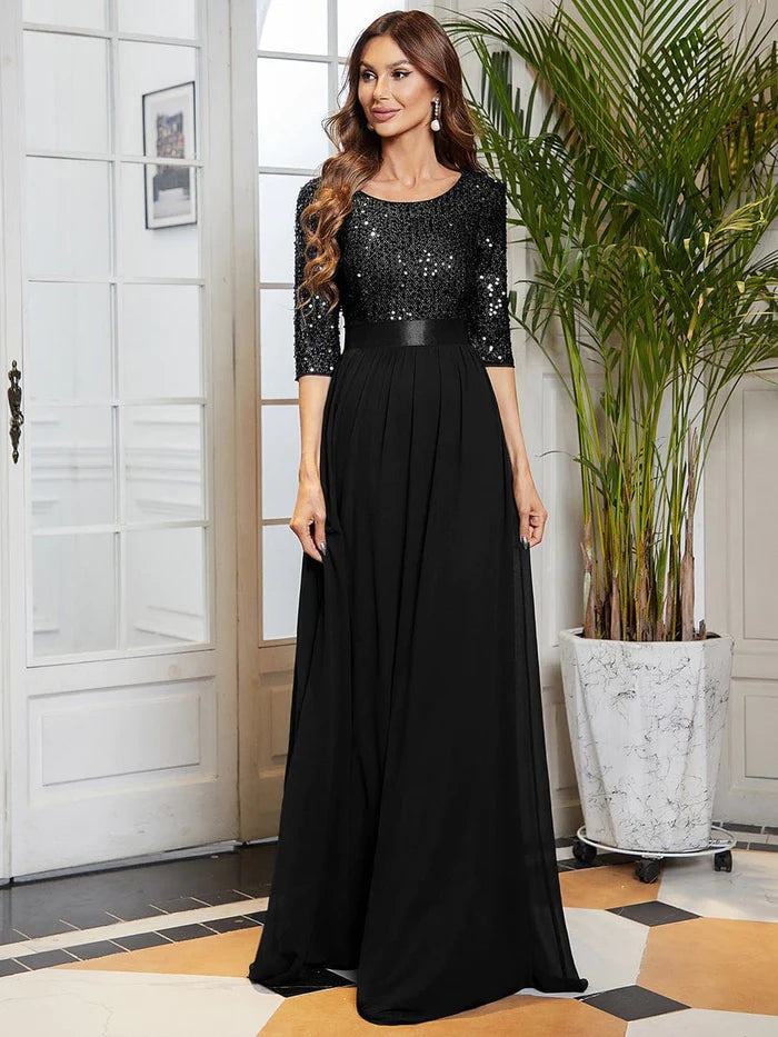 Elegant Round Neckline Long Sleeves Sequin Evening Dress