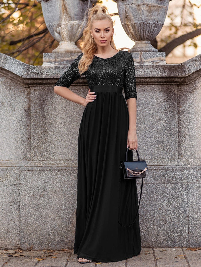 Elegant Round Neckline Long Sleeves Sequin Evening Dress