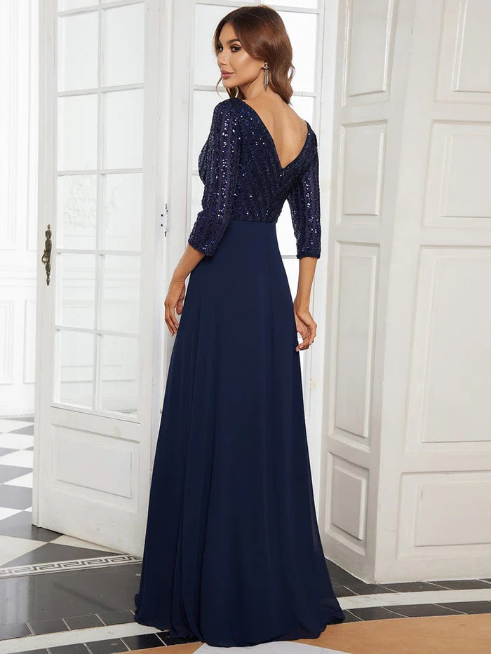 Sexy V Neck Sequin Evening Dresses with 3/4 Sleeve