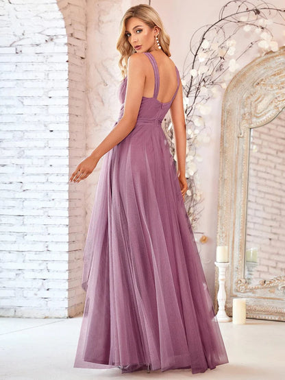 Floor Length Double V Neck Tulle Bridesmaid Dresses