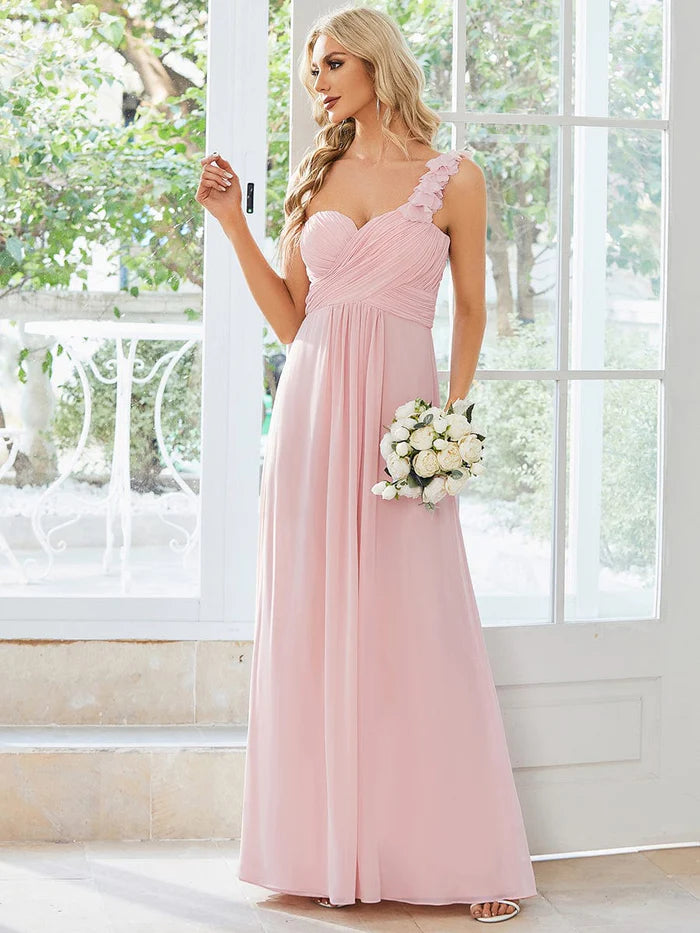 Sweet Pleated Bodice One Shoulder Chiffon Bridesmaid Dress