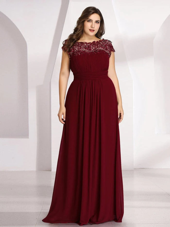 Plus Size Maxi Long Formal Lace Cap Sleeve Evening Dress