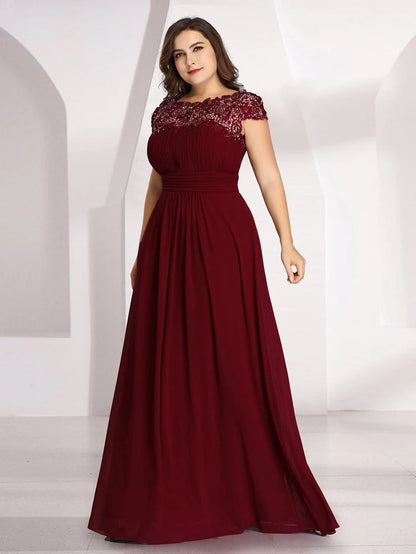 Plus Size Maxi Long Formal Lace Cap Sleeve Evening Dress