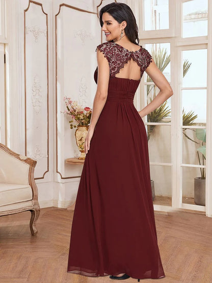 Elegant Lace Cap Sleeve Maxi Long Chiffon Bridesmaid Dress