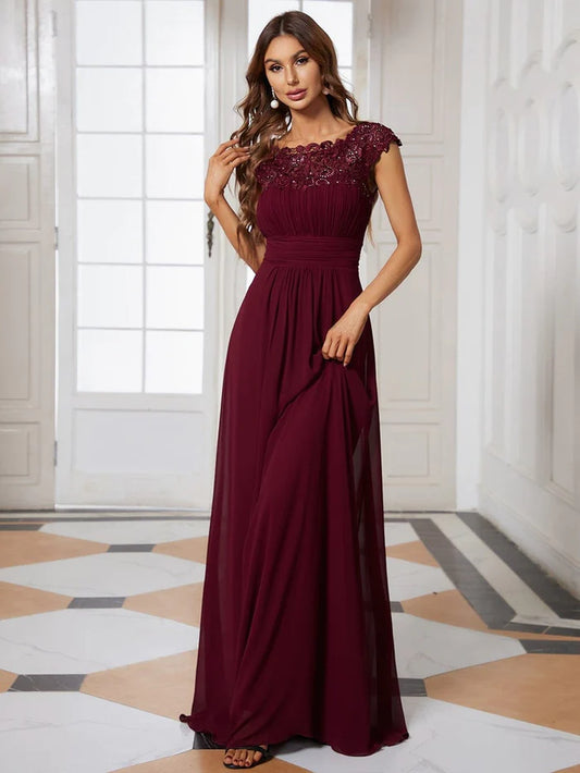 Elegant Maxi Long Lace Cap Sleeve Bridesmaid Dress