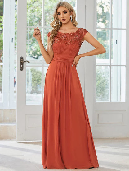 Elegant Floor-Length Lace Cap Sleeve Bridesmaid Dress