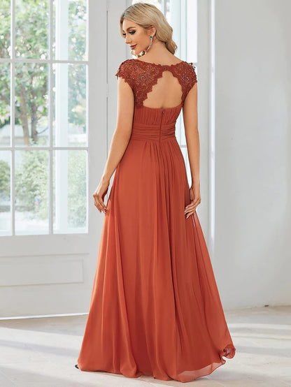 Elegant Floor-Length Lace Cap Sleeve Bridesmaid Dress