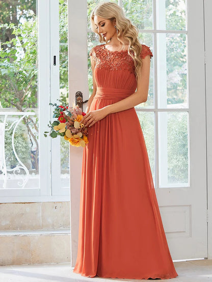 Elegant Floor-Length Lace Cap Sleeve Bridesmaid Dress