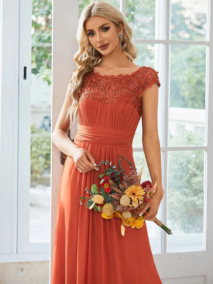 Elegant Floor-Length Lace Cap Sleeve Bridesmaid Dress