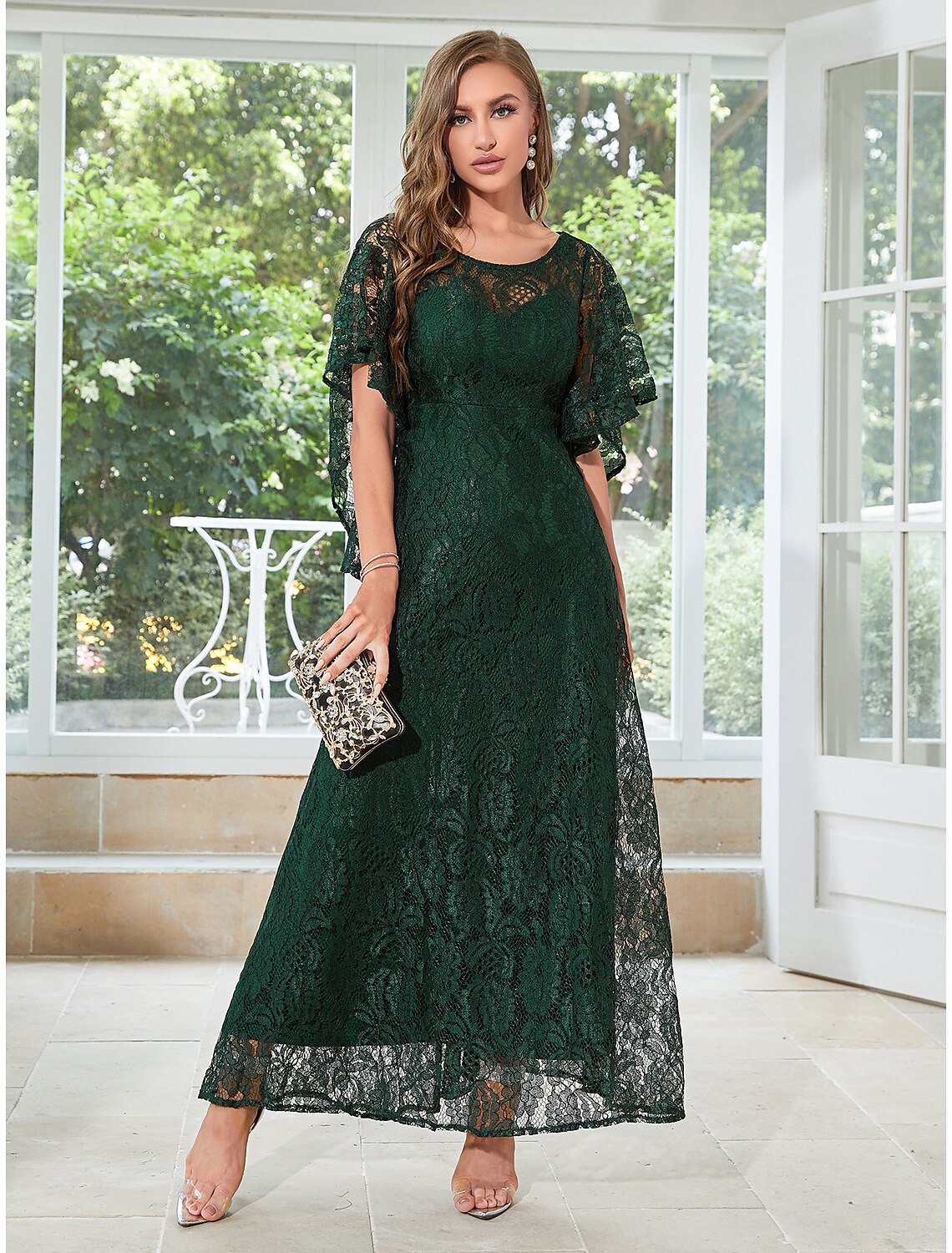 A-Line Wedding Guest Dresses Elegant Dress Party Wear Wedding Party Ankle Length Half Sleeve Jewel Neck Lace with Ruffles Appliques