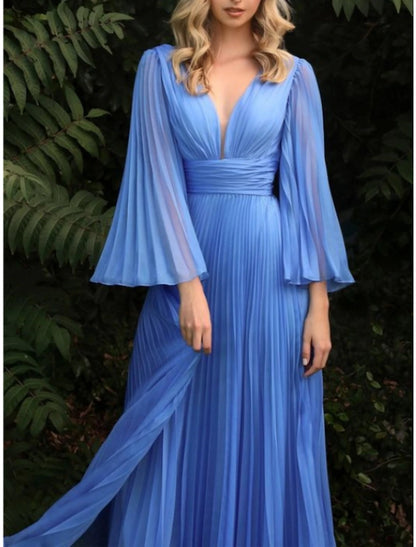 Sheath / Column Wedding Guest Dresses Elegant Dress Wedding Guest Floor Length Long Sleeve V Neck Chiffon with Pleats Ruched