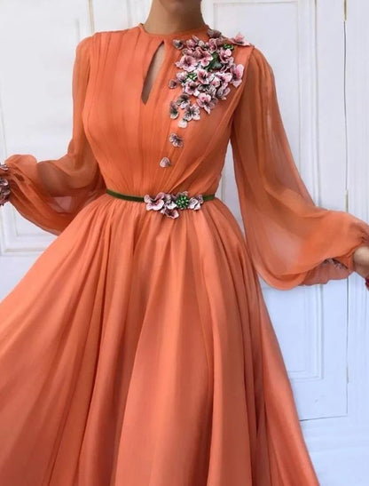 A-Line Wedding Guest Dresses Vintage Dress Prom Floor Length Long Sleeve Jewel Neck Belt / Sash Chiffon with Pleats Pearls Beading