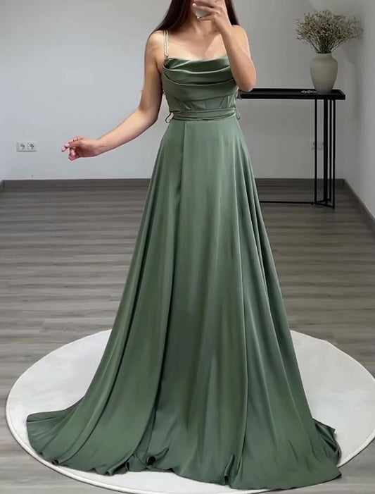 A-Line Evening Gown Elegant Dress Formal Floor Length Sleeveless Spaghetti Strap Italy Satin with Ruched