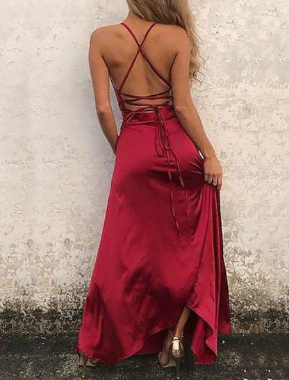 A-Line Beautiful Back Sexy High Split Engagement Prom Formal Evening Dress Spaghetti Strap Sleeveless Floor Length Satin with Ruffles Slit