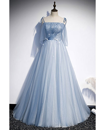 Unique/Beautiful Sky Blue Shoulder Strap Sleeveless Applique Lace Beaded Sequin Evening Dress Sky Blue A-line Tulle and Floor/Long Ruffle Edge Backless Evening Dress