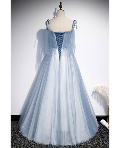 Unique/Beautiful Sky Blue Shoulder Strap Sleeveless Applique Lace Beaded Sequin Evening Dress Sky Blue A-line Tulle and Floor/Long Ruffle Edge Backless Evening Dress