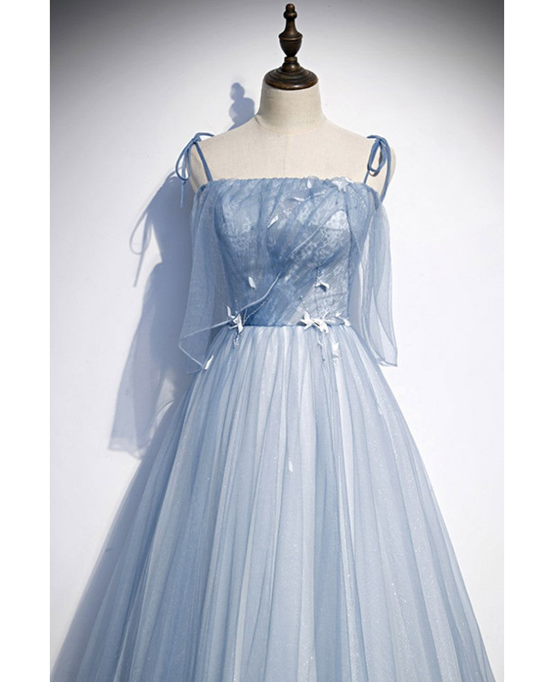 Unique/Beautiful Sky Blue Shoulder Strap Sleeveless Applique Lace Beaded Sequin Evening Dress Sky Blue A-line Tulle and Floor/Long Ruffle Edge Backless Evening Dress