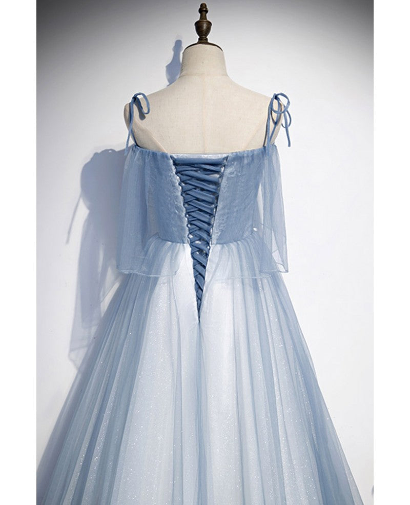 Unique/Beautiful Sky Blue Shoulder Strap Sleeveless Applique Lace Beaded Sequin Evening Dress Sky Blue A-line Tulle and Floor/Long Ruffle Edge Backless Evening Dress