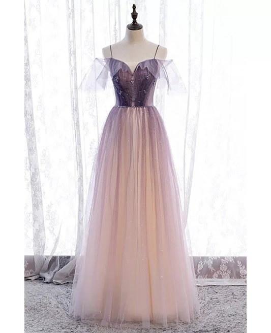 Noble Gradient Purple Champagne Shoulder Strap Short Sleeve Applique Beaded Sequin Dress Gradient Purple Champagne sheer backless and floor length evening dress