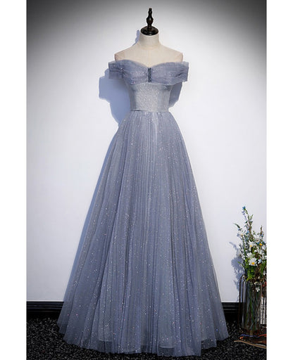 Elegant and noble gray blue shiny thin gauze off the shoulder ball dress gray blue A-shaped strapless backless strap and floor length evening dress