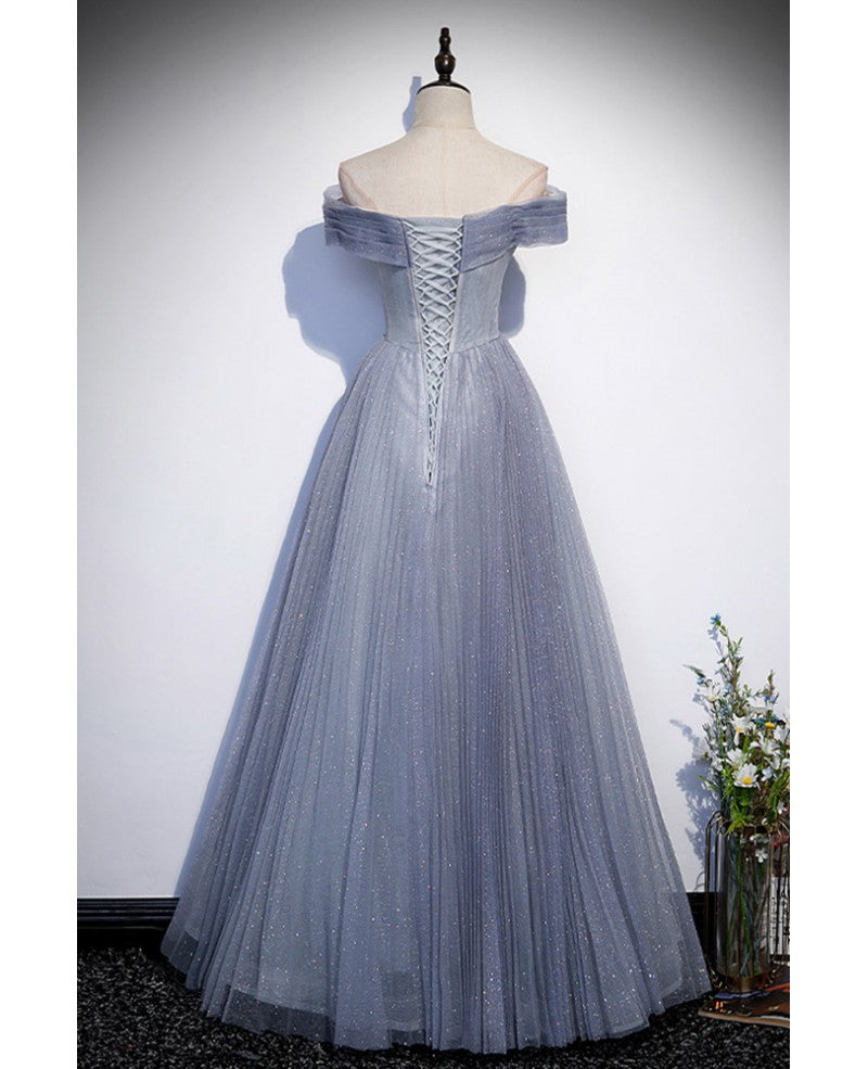 Elegant and noble gray blue shiny thin gauze off the shoulder ball dress gray blue A-shaped strapless backless strap and floor length evening dress