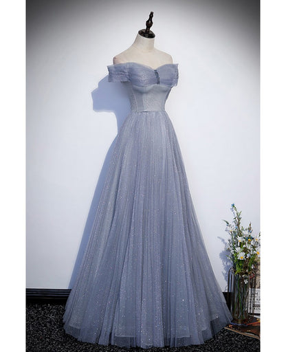 Elegant and noble gray blue shiny thin gauze off the shoulder ball dress gray blue A-shaped strapless backless strap and floor length evening dress