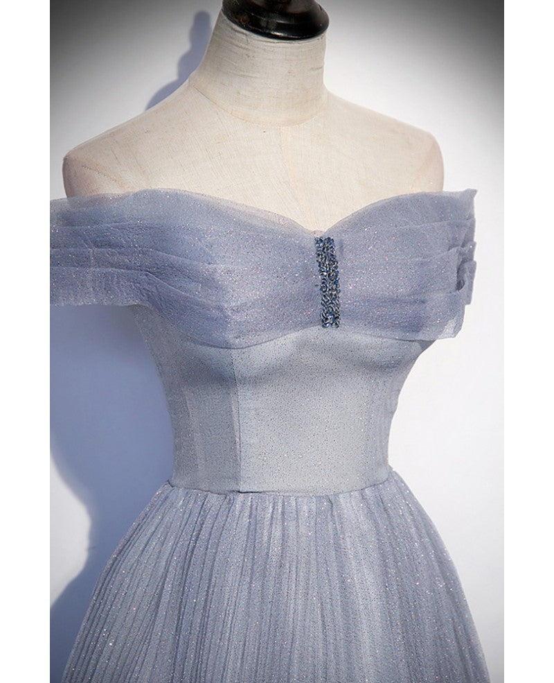 Elegant and noble gray blue shiny thin gauze off the shoulder ball dress gray blue A-shaped strapless backless strap and floor length evening dress