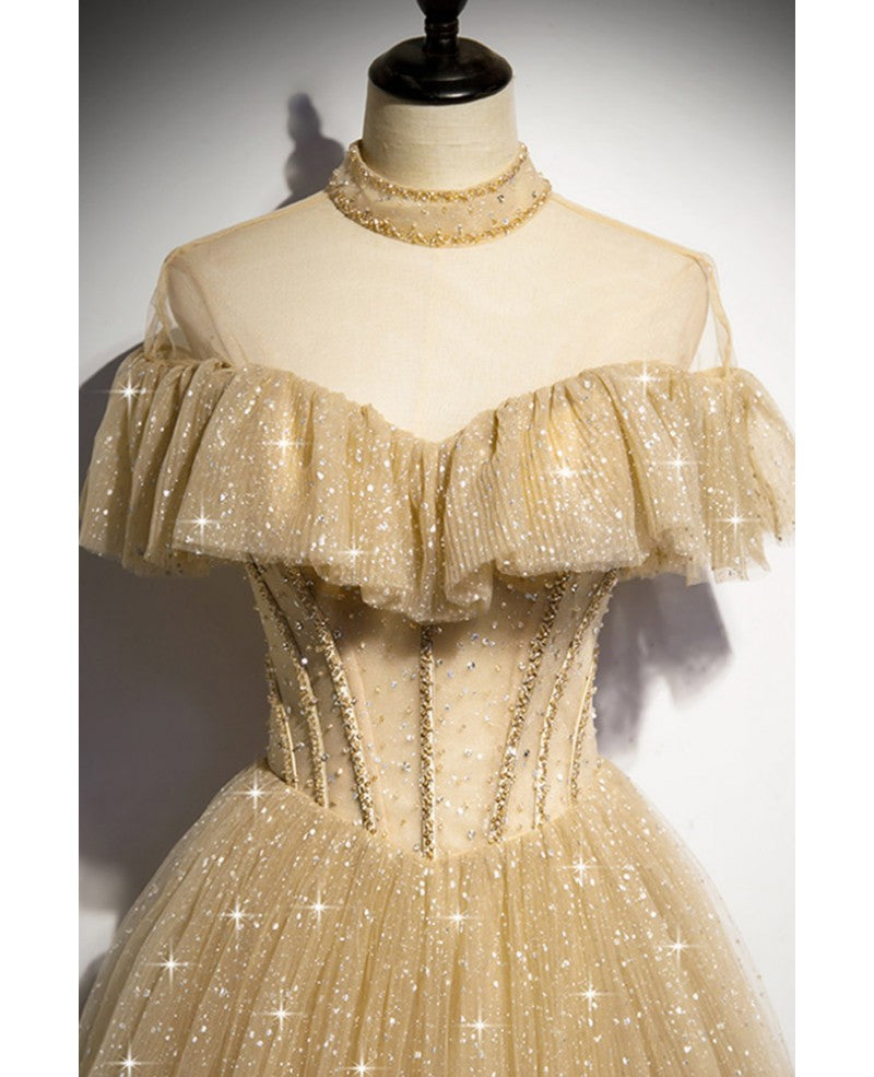 Retro/Retro Champagne Gold Perspective High Neck Beaded Short Sleeves Sequin Sheer Dance Dress A-line/Princess to the Floor/Long Ruffle Edge Open Back Evening Dress