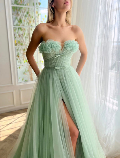 A-Line Evening Gown Floral Dress Formal Wedding Guest Court Train Sleeveless Strapless Tulle with Bow(s) Slit