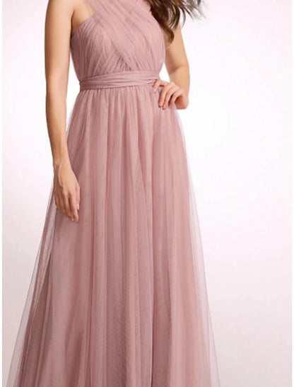 A-Line Bridesmaid Dress Halter Neck Sleeveless Elegant Floor Length Tulle with Ruching