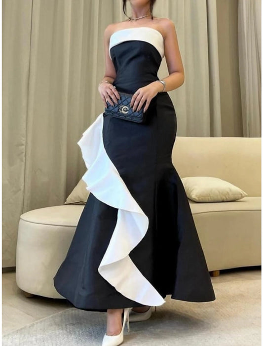 A-Line Evening Gown Elegant Dress Formal Ankle Length Black Dress Sleeveless Strapless Satin with Ruffles