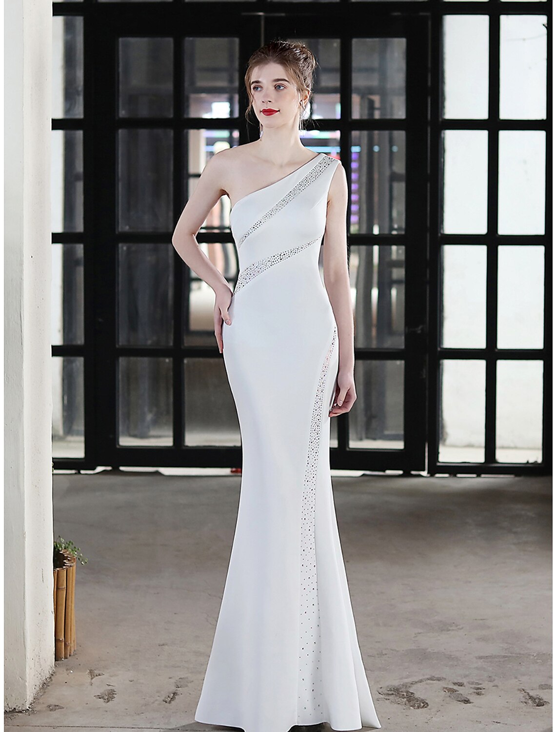 Mermaid / Trumpet Evening Gown Sexy Dress Wedding Guest Formal Evening Floor Length Sleeveless One Shoulder Stretch Satin with Crystals