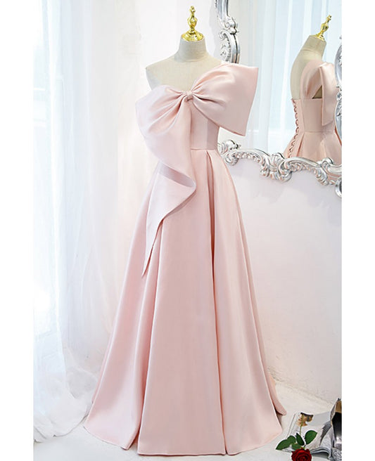 Beautiful pink satin single shoulder bow dance dress, pink sleeveless backless and floor length evening dress