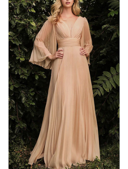 Sheath / Column Wedding Guest Dresses Elegant Dress Wedding Guest Floor Length Long Sleeve V Neck Chiffon with Pleats Ruched