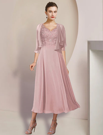 Two Piece A-Line Mother of the Bride Dress Formal Wedding Guest Elegant V Neck Tea Length Chiffon Lace 3/4 Length Sleeve Wrap Included with Appliques