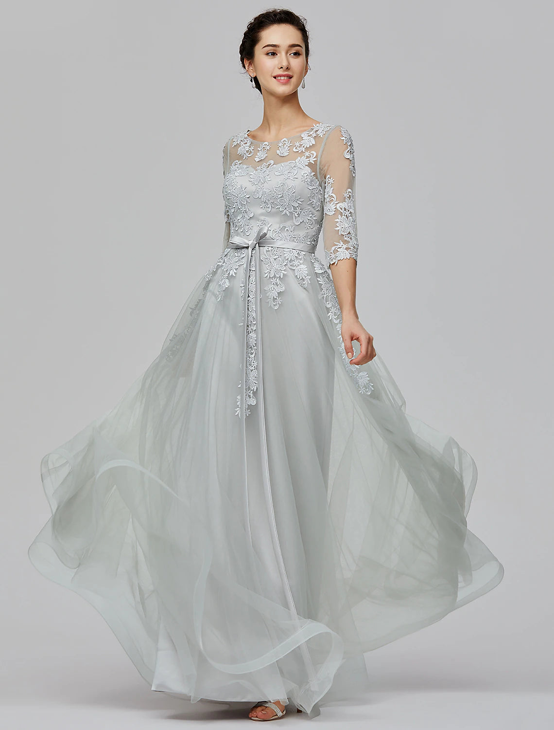 A-Line Empire Dress Wedding Guest Prom Floor Length Half Sleeve Illusion Neck Tulle with Bow(s) Appliques