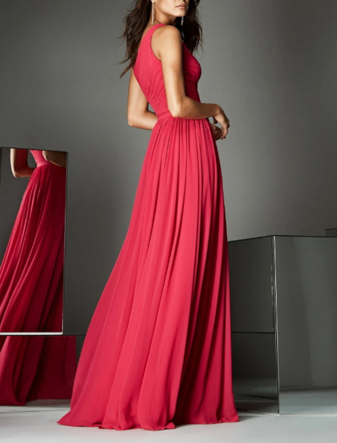 A-Line Empire Wedding Guest Formal Evening Dress Formal Red Green Dress One Shoulder Sleeveless Sweep / Brush Train Chiffon with Pleats Ruched