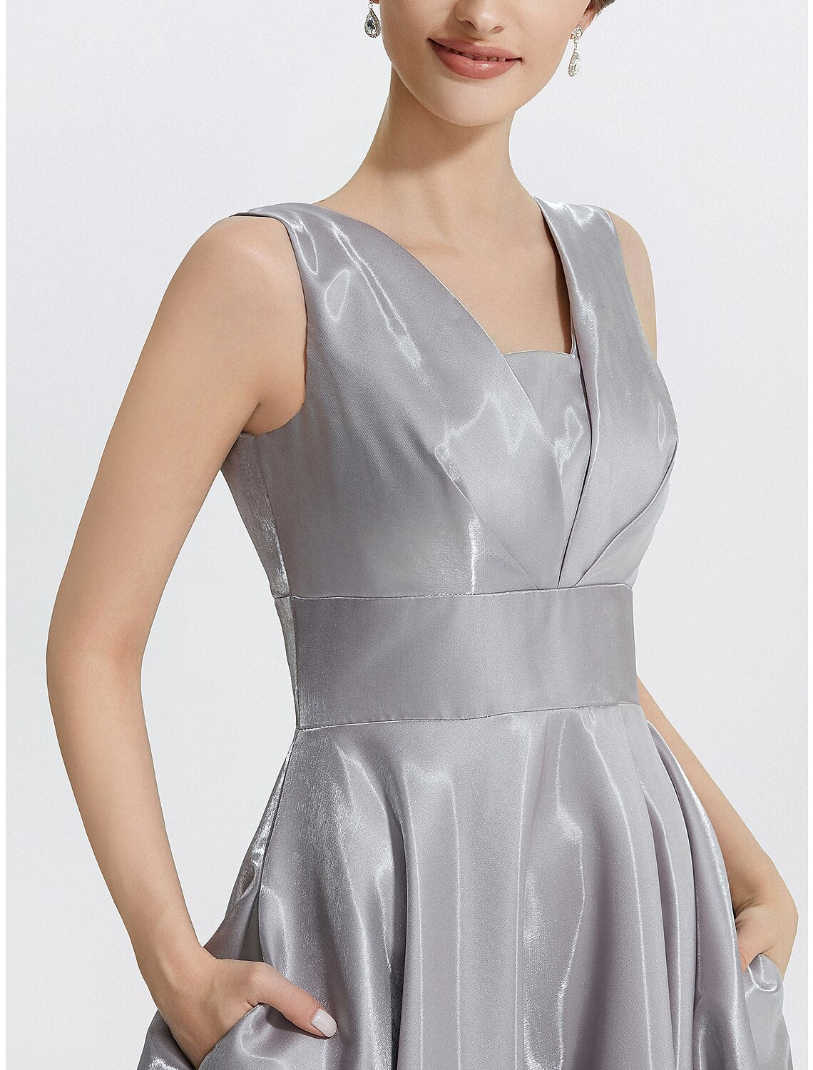 A-Line Cocktail Dresses Elegant Dress Formal Wedding Guest Tea Length Sleeveless V Neck Satin with Pocket