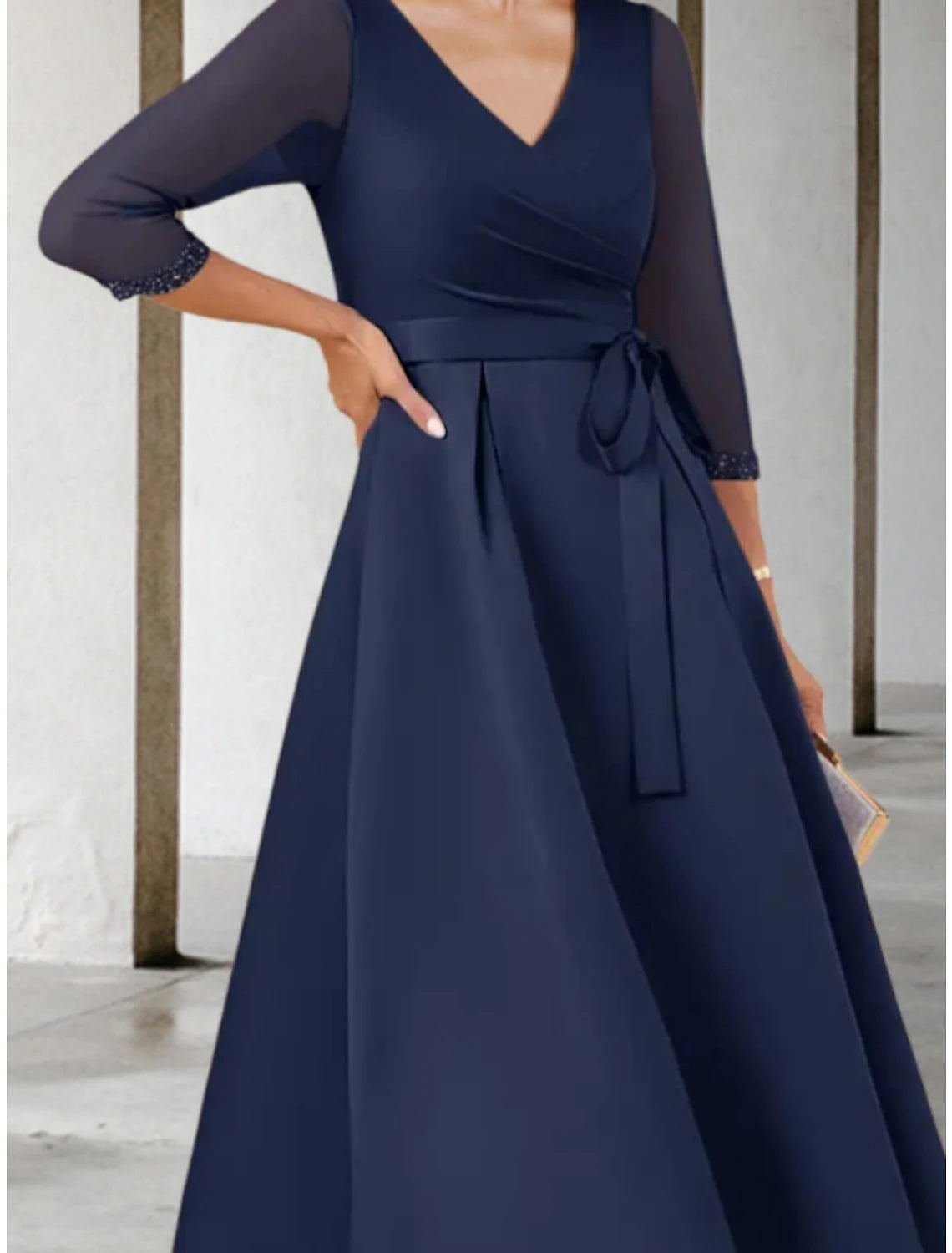 A-Line Mother of the Bride Dress Wedding Guest Elegant Petite V Neck Tea Length Stretch Chiffon 3/4 Length Sleeve with Bow(s) Crystals Ruching