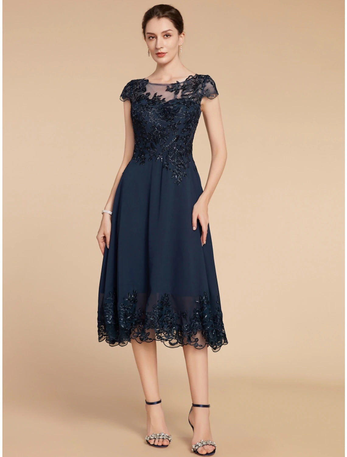 A-Line Mother of the Bride Dress Wedding Guest Elegant Petite Scoop Neck Tea Length Chiffon Lace Cap Sleeve with Sequin Ruching Solid Color