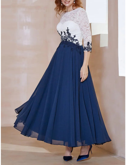 A-Line Mother of the Bride Dress Wedding Guest Elegant Scoop Neck Ankle Length Chiffon 3/4 Length Sleeve with Lace Ruching