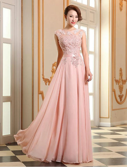 A-Line Evening Gown High Waisted Prom Dress Bridesmaid Wedding Guest Chiffon Floor Length Sleeveless Illusion Neck Georgette with Appliques