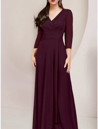 A-Line Mother of the Bride Dress Wedding Guest Elegant V Neck Floor Length Chiffon 3/4 Length Sleeve with Ruching Solid Color