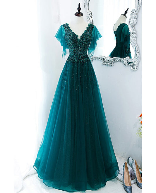 Elegant dark green beaded rhinestone sequin dance dress, dark green A-line V-neck short sleeved backless and floor length evening dress