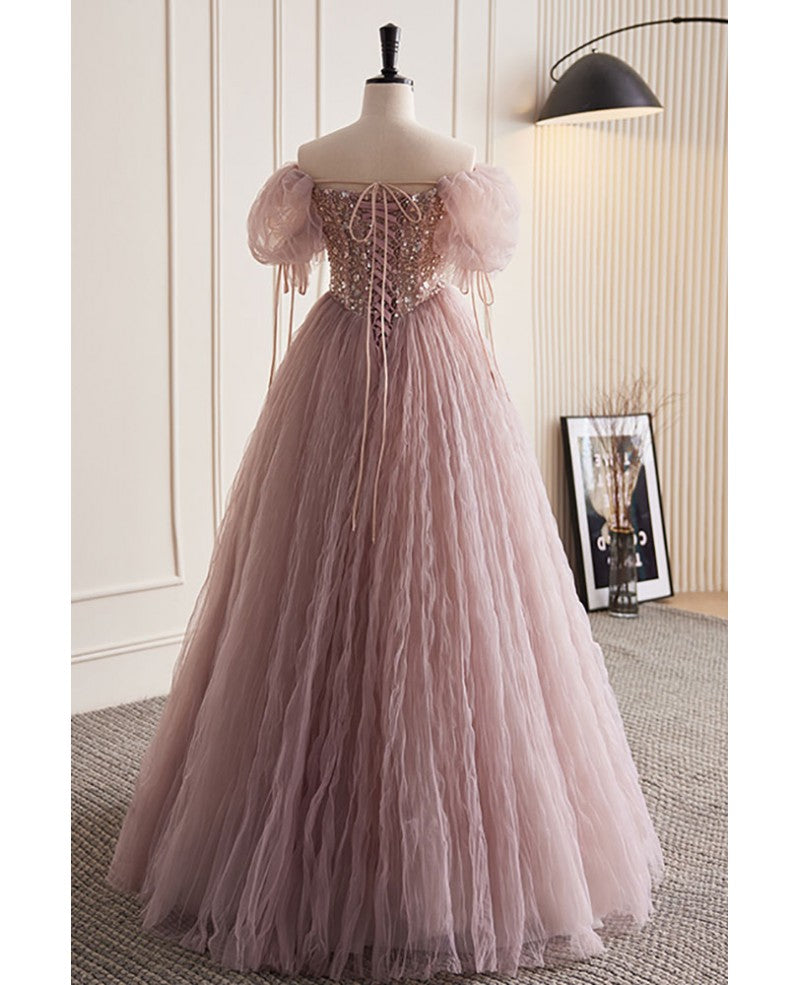 Sweet and charming deep pink glitter beaded sequins off the shoulder bubble sleeve ball dress, deep pink fluffy sheer princess backless strap evening dress