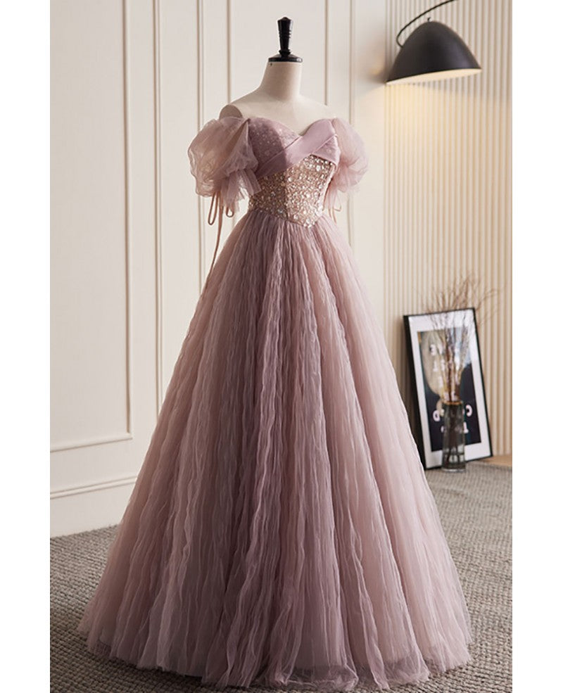 Sweet and charming deep pink glitter beaded sequins off the shoulder bubble sleeve ball dress, deep pink fluffy sheer princess backless strap evening dress